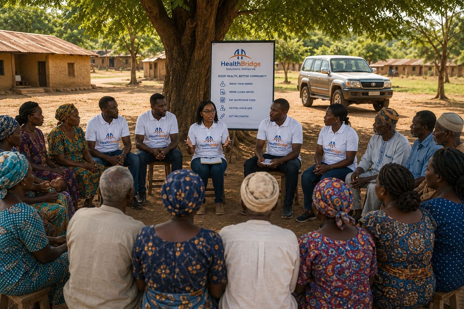 HBSI health workers meeting with community members during a public health outreach session