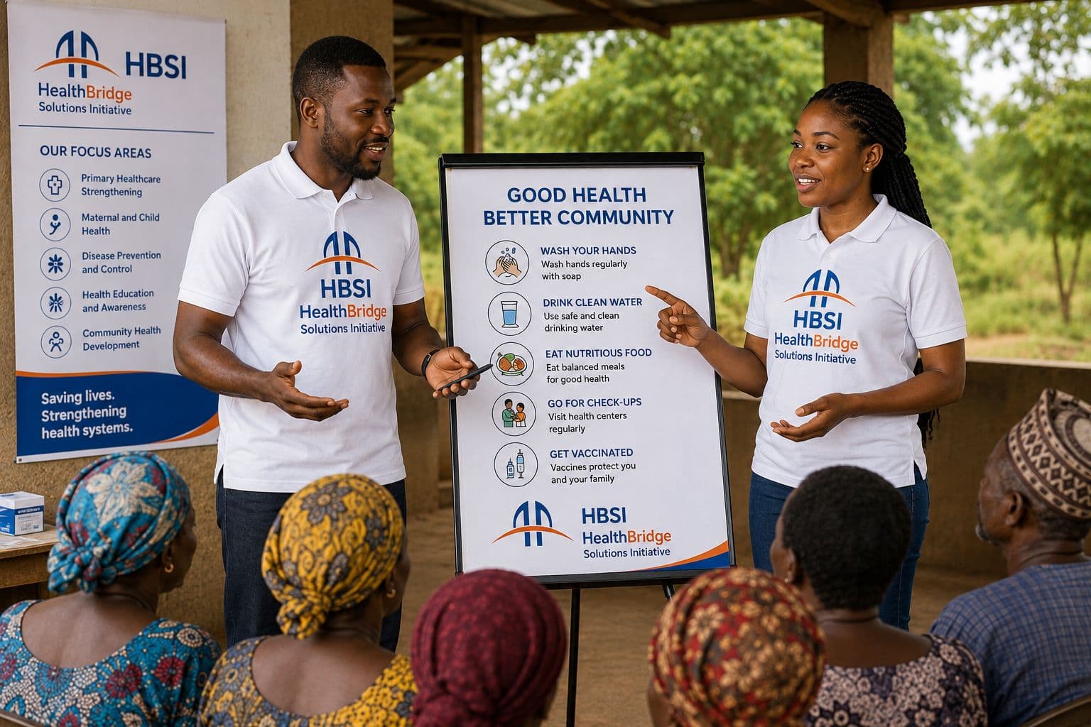 HBSI health workers leading a community health education session